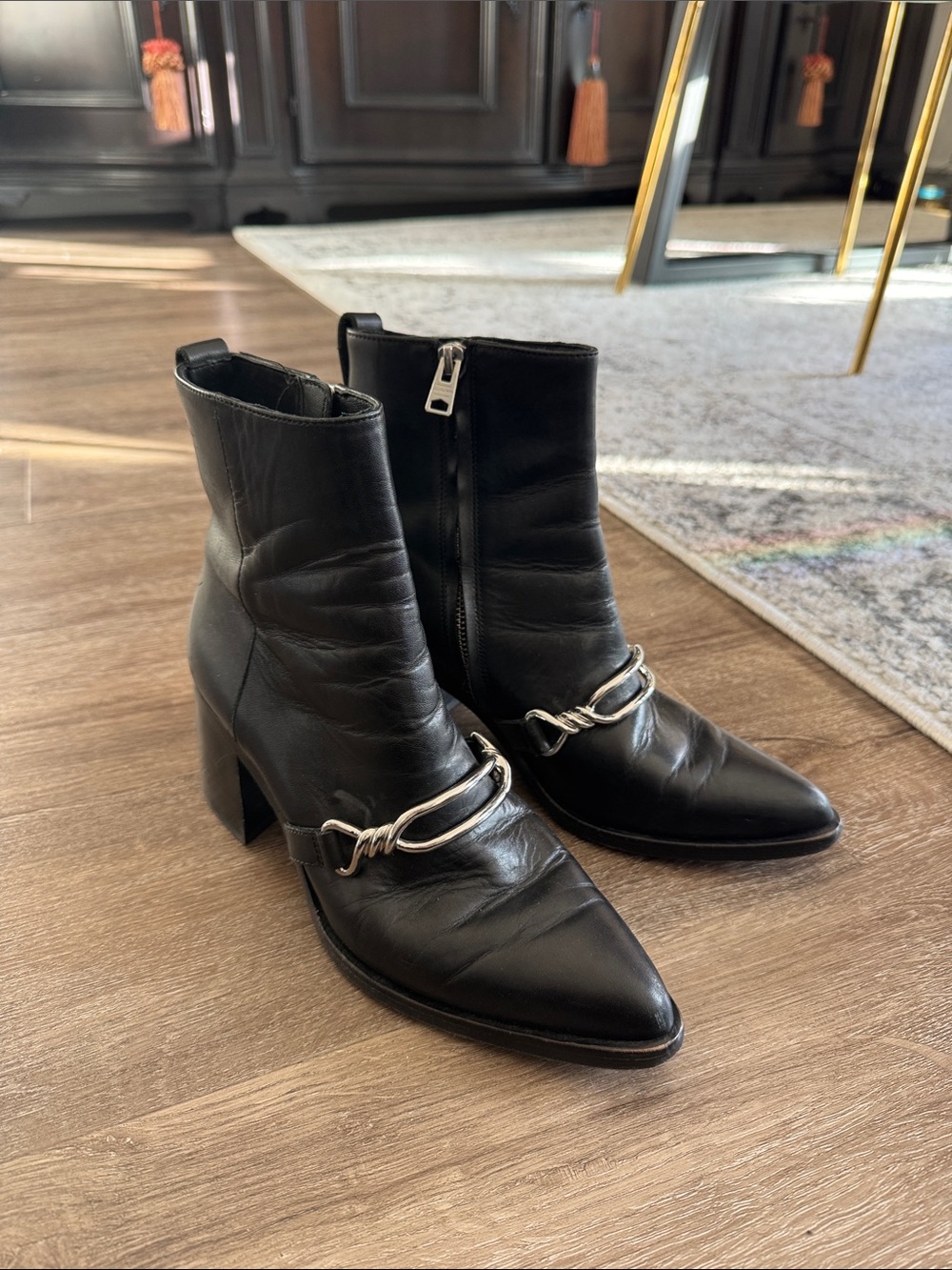 All Saints Black Leather Pointed Ankle Boots with Silver Chain